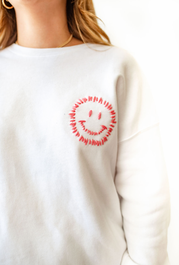 White and Pink Embroidered Smiley Sweatshirt