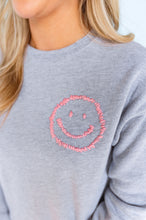Load image into Gallery viewer, Pink &amp; Grey Embroidered Smiley Sweatshirt
