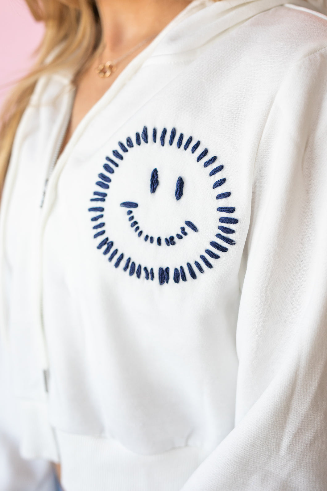 Navy & White Cropped Zip Embroidered Smiley Sweatshirt