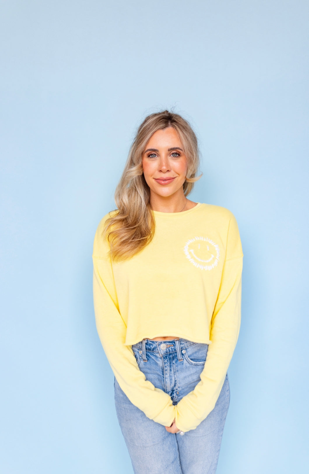Yellow Cropped Embroidered Smiley Sweatshirt
