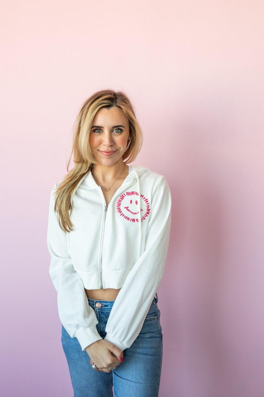 Embroidered Pink Smiley Hoodie