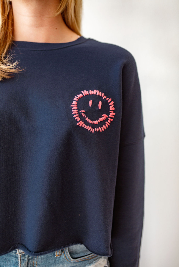 Navy and Pink Cropped Embroidered Smiley Sweatshirt