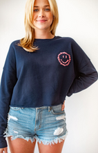 Load image into Gallery viewer, Navy and Pink Cropped Embroidered Smiley Sweatshirt
