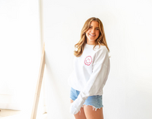 Load image into Gallery viewer, White and Pink Embroidered Smiley Sweatshirt
