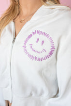 Load image into Gallery viewer, Purple &amp; White Cropped Zip Embroidered Smiley Sweatshirt
