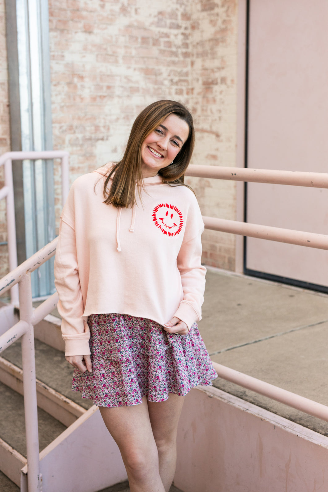 Pink Cropped Embroidered Smiley Hoodie