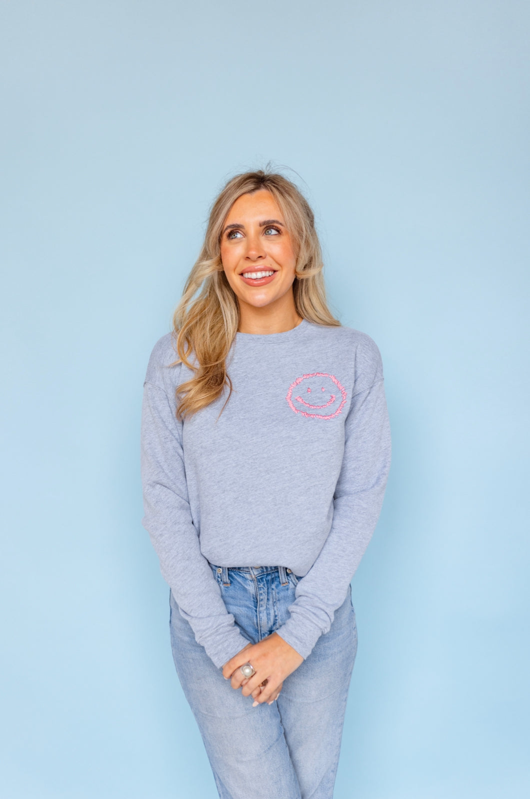 Pink & Grey Embroidered Smiley Sweatshirt