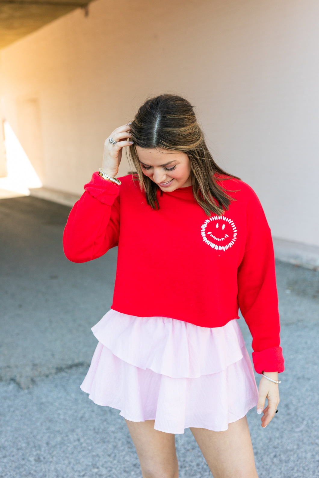 Red Cropped Embroidered Smiley Sweatshirt